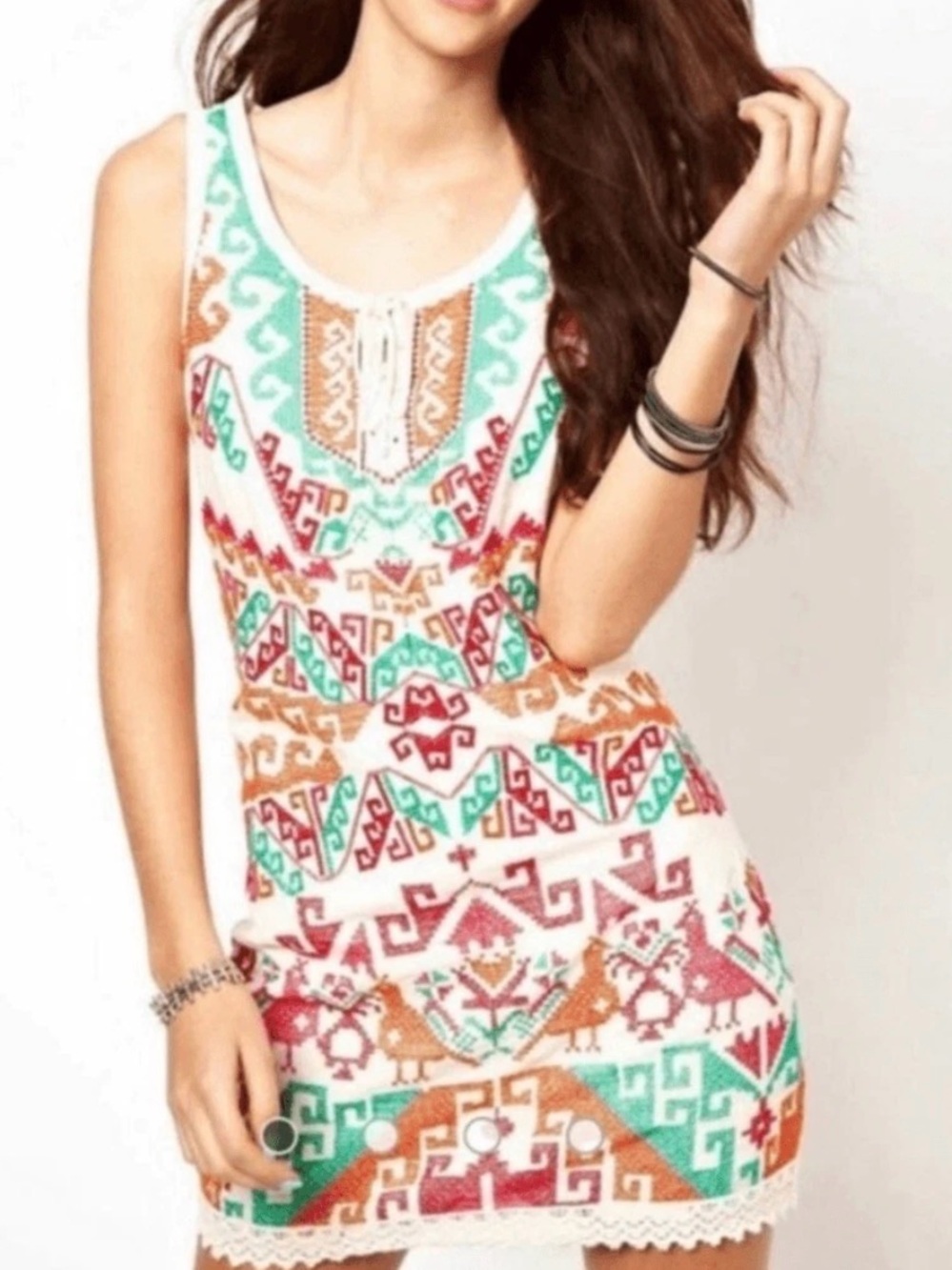 NWOT Free People Sleeveless White Tribal Aztec Embroidered Dress Size 0